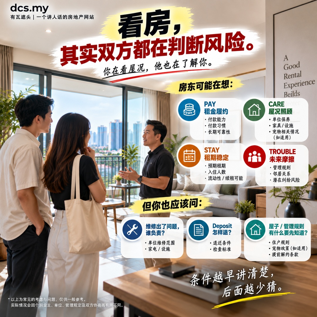 看房时双方都在判断风险:房东关心 PAY CARE STAY TROUBLE,Tenant 也应该问 repairs deposit 和 house rules